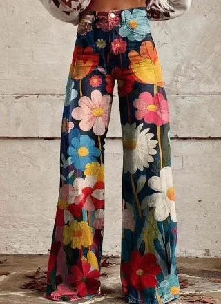 Plus Size Women Wide Leg Pants Faux Denim 3D Printed Flared Trousers Stretch Casual High Waist Fashion Yoga Pants