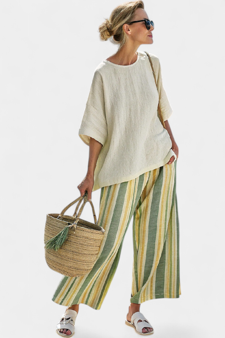 Ellowyn | Green Stripe Linen Set