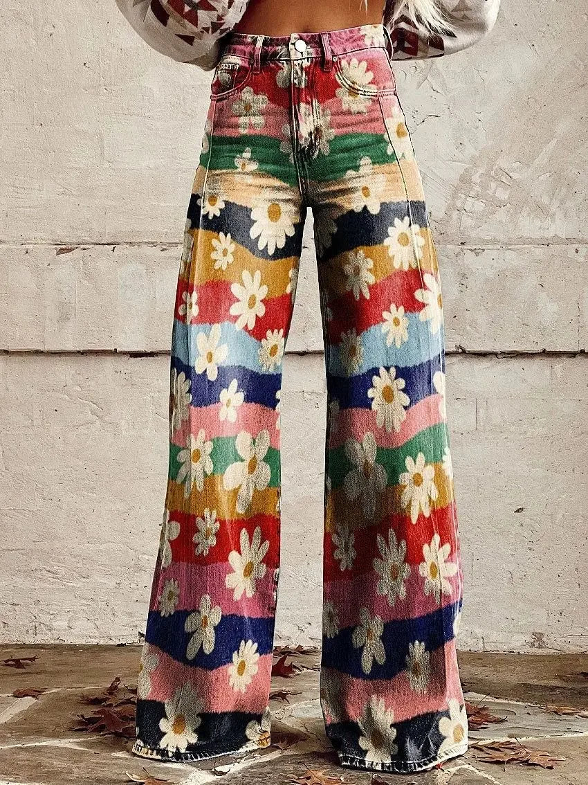 Plus Size Women Wide Leg Pants Faux Denim 3D Printed Flared Trousers Stretch Casual High Waist Fashion Yoga Pants
