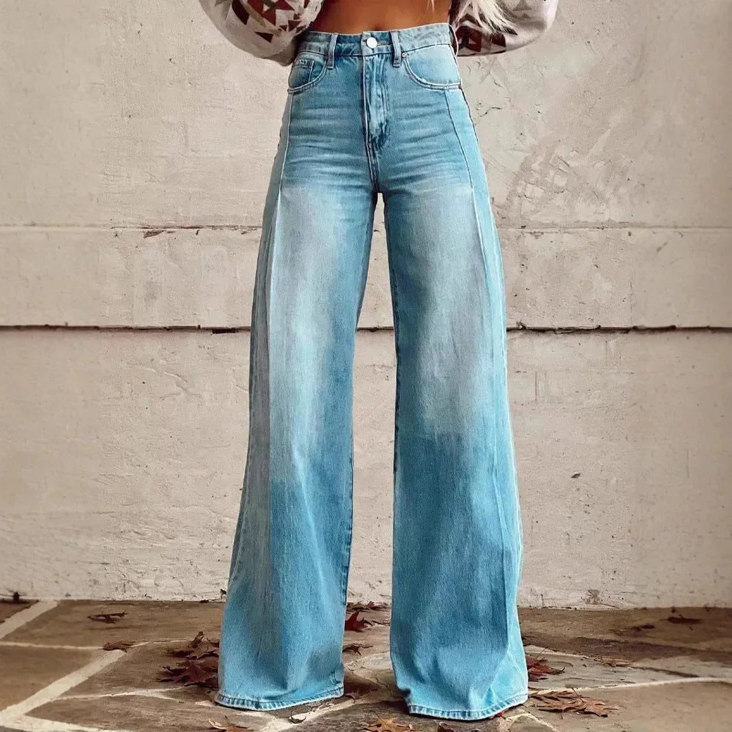 Plus Size Women Wide Leg Pants Faux Denim 3D Printed Flared Trousers Stretch Casual High Waist Fashion Yoga Pants