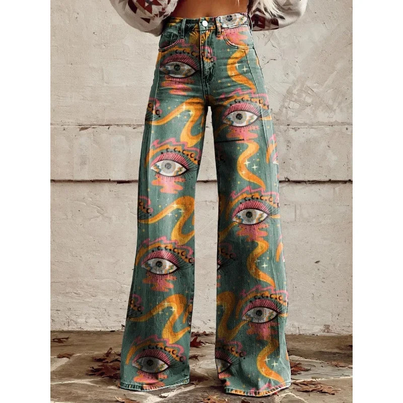 Plus Size Women Wide Leg Pants Faux Denim 3D Printed Flared Trousers Stretch Casual High Waist Fashion Yoga Pants