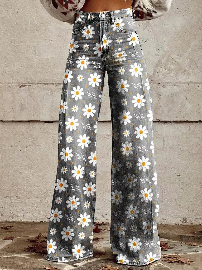 Plus Size Women Wide Leg Pants Faux Denim 3D Printed Flared Trousers Stretch Casual High Waist Fashion Yoga Pants